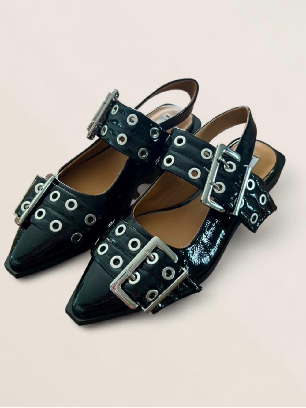 Steve Madden Black Patent Slingback Flats with Buckle Detail | Size 6
